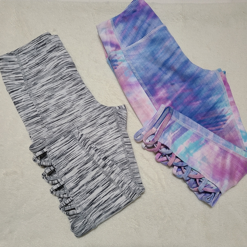 Zella Girl Bundle of Cropped Space Dye Purple Blue And Gray Leggings sz S (7/8)
